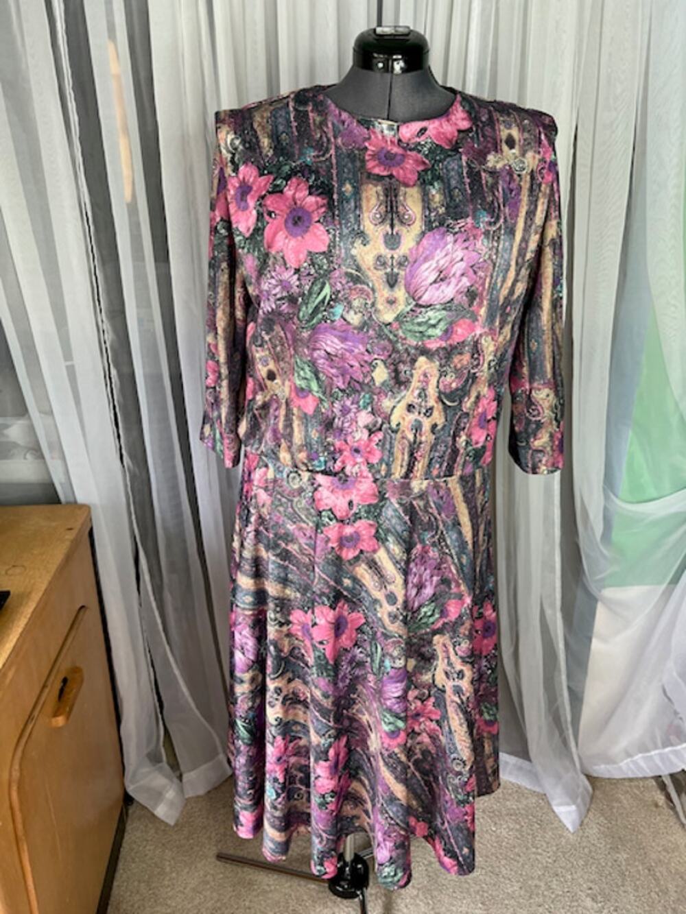 dress floral swing skirt pink purple 1980s shoulder pads